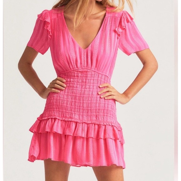 LOVE SHACK FANCY Rena Smocked‎ Mini Dress in Watermelon Ice Sz M NWT $345 - Picture 1 of 7
